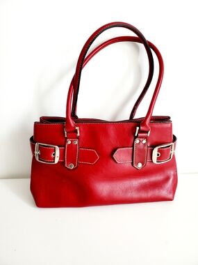 Aldo Red Leather Shoulder Bag with Buckle Accents